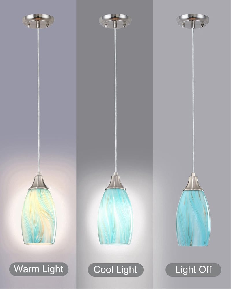 karyfine Mini Pendant Light,Handcrafted Art Glass Pendant Lighting Shade with Brushed Nickel Finished Teal Glass Ceiling Hanging lamp Adjustable Cord for Kitchen Island,Hallway,Dining Room - Image 3